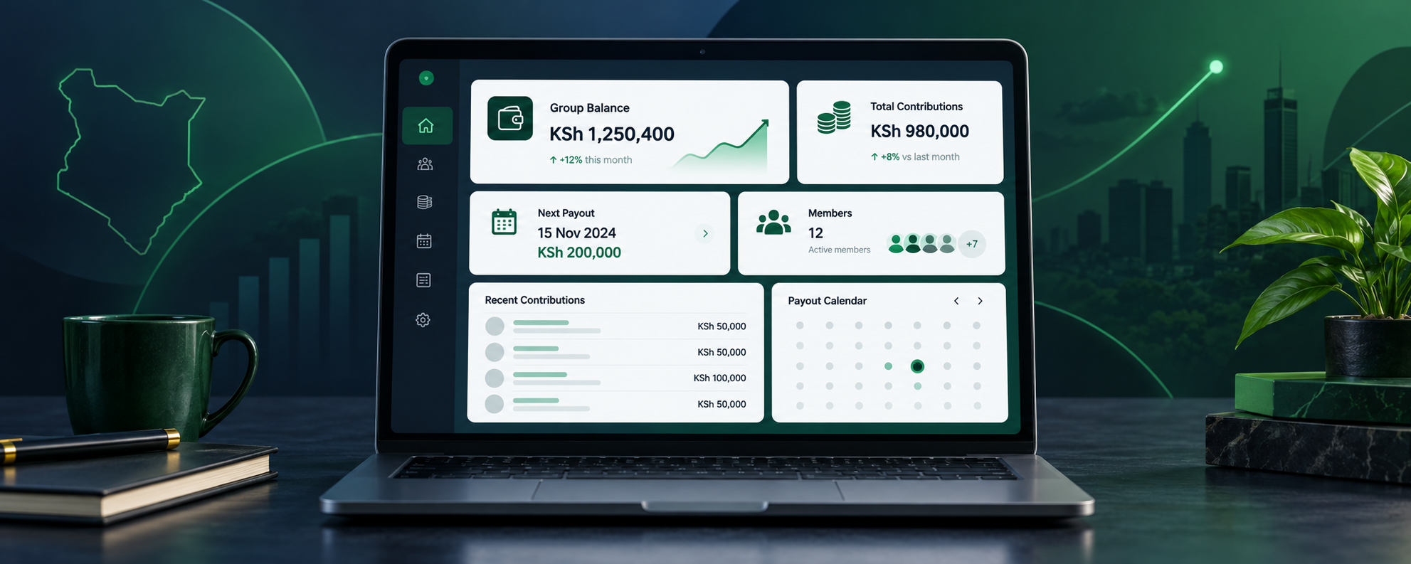 ChamaBank dashboard showing group balance, contributions, members and payout calendar